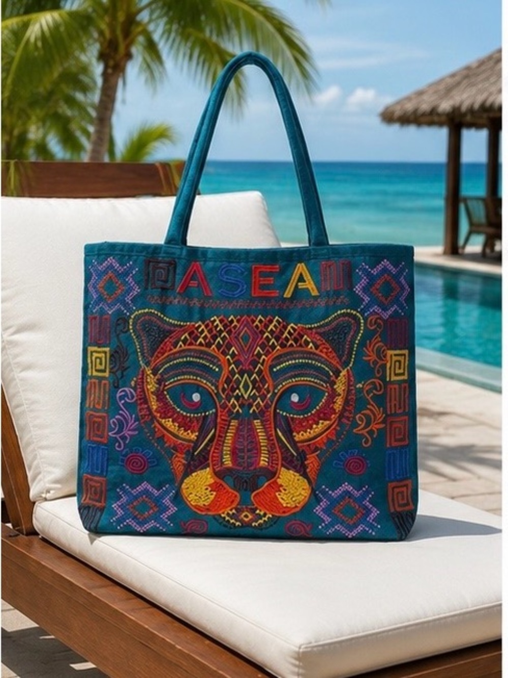 Teal Embroidered Tiger Tote Bag Colorful Tribal Top Zipper Two Back Compartment